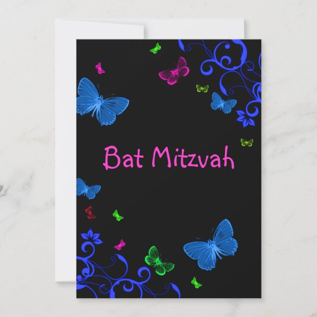 Elegant Colorful Butterflies, Custom Bat Mitzvah Invitation (Front)