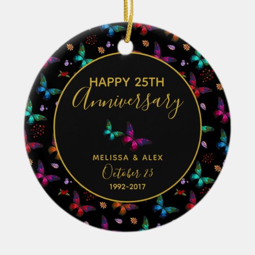 Elegant Colorful Butterflies on Black Anniversary Ceramic Ornament