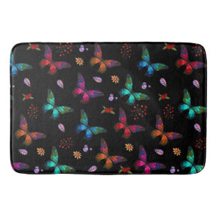 Elegant Colorful Butterflies on Black Bathroom Mat