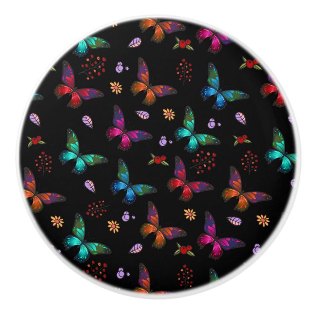 Elegant Colorful Butterflies on Black Ceramic Knob (Front)