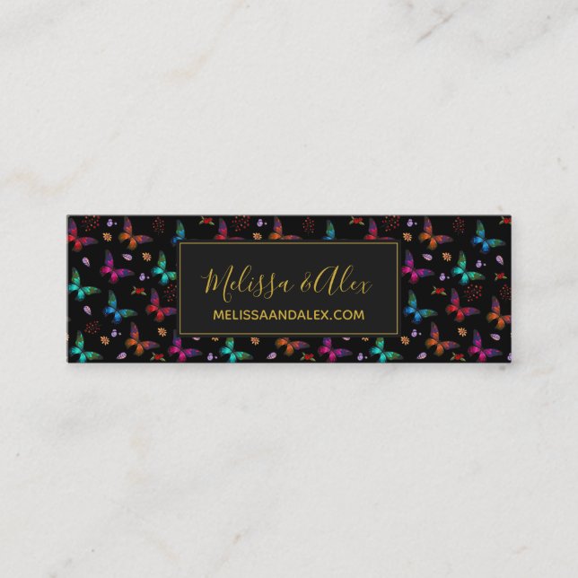 Elegant Colorful Butterflies on Black Custom Mini Business Card (Front)