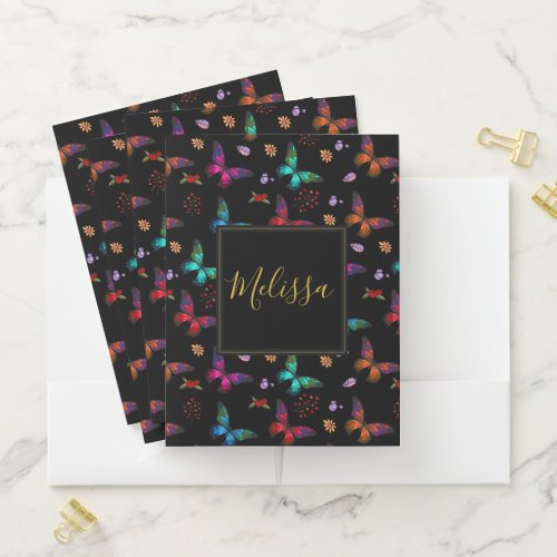 Elegant Colorful Butterflies on Black Custom Pocket Folder