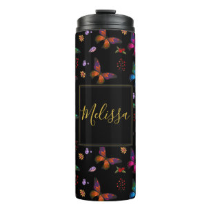 Elegant Colorful Butterflies on Black Custom Thermal Tumbler