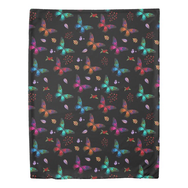 Elegant Colorful Butterflies on Black Duvet Cover (Front)