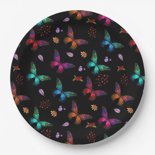 Elegant Colorful Butterflies on Black Paper Plates