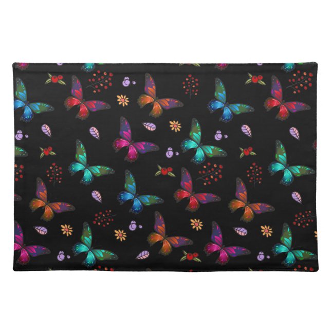 Elegant Colorful Butterflies on Black Placemat (Front)
