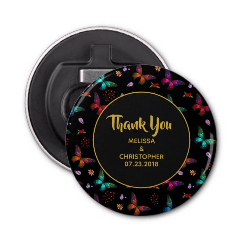 Elegant Colorful Butterflies on Black Thank You Bottle Opener