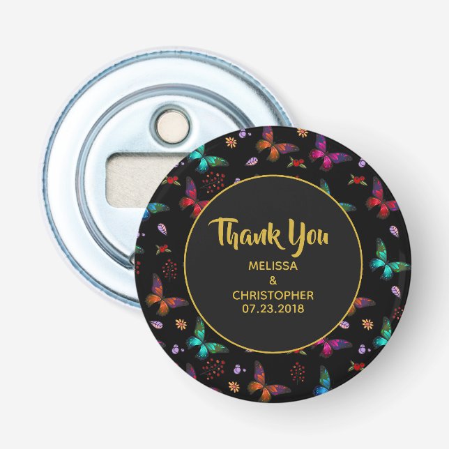 Elegant Colorful Butterflies on Black Thank You Bottle Opener (Front)