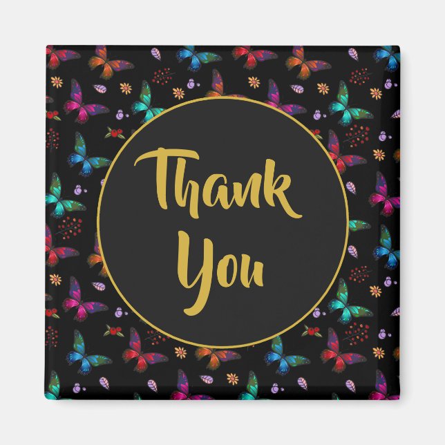 Elegant Colorful Butterflies on Black Thank You Magnet (Front)