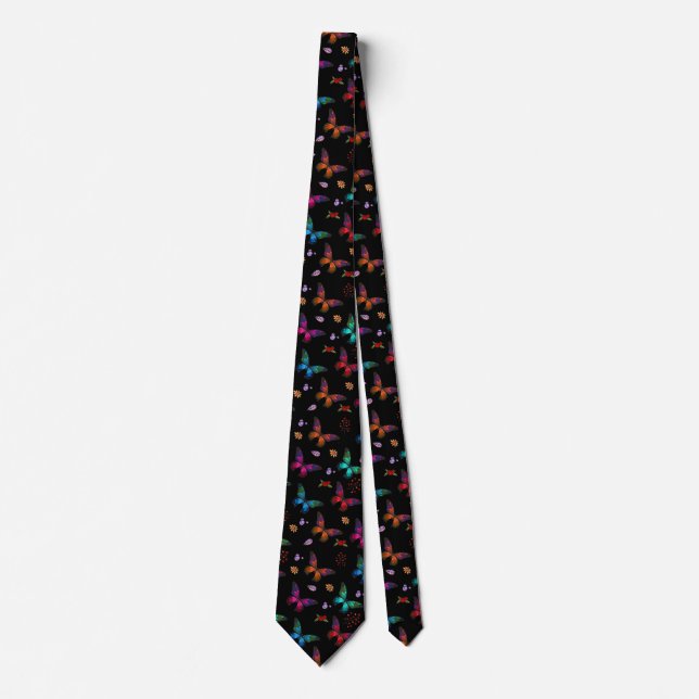 Elegant Colorful Butterflies on Black Tie (Front)