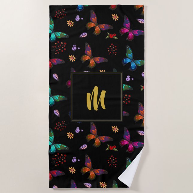 Elegant Colorful Butterflies on Black /w Monogram Beach Towel (Front)