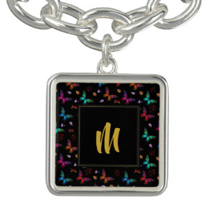 Elegant Colorful Butterflies on Black w/ Monogram Bracelet