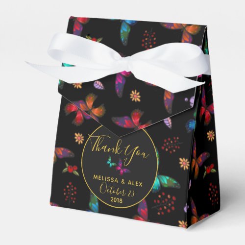 Elegant Colorful Butterflies on Black Wedding Favor Boxes