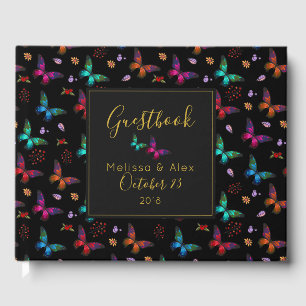 Elegant Colorful Butterflies on Black Wedding Guest Book