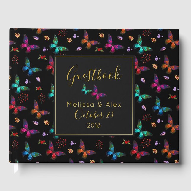 Elegant Colorful Butterflies on Black Wedding Guest Book (Front)