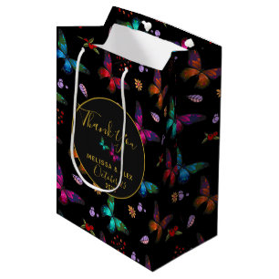 Elegant Colorful Butterflies on Black Wedding Medium Gift Bag