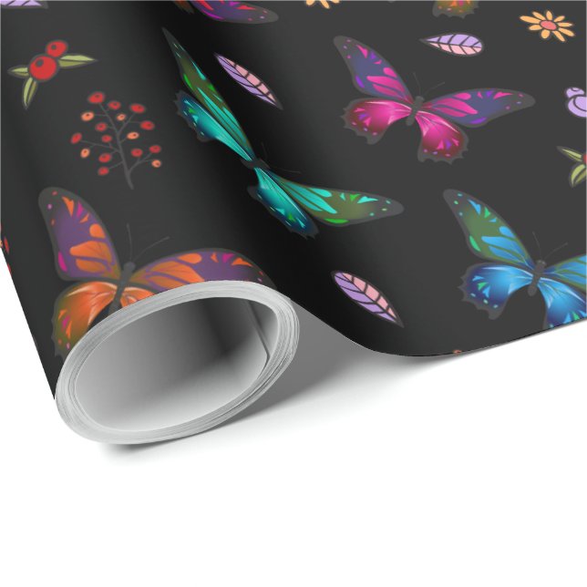 Elegant Colorful Butterflies on Black Wrapping Paper (Roll Corner)