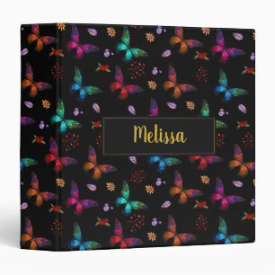 Elegant Colorful Butterflies Pattern on Black 3 Ring Binder