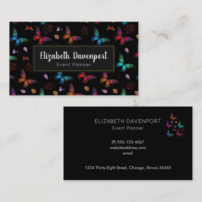 Elegant Colorful Butterflies Pattern on Black Business Card (Front/Back)