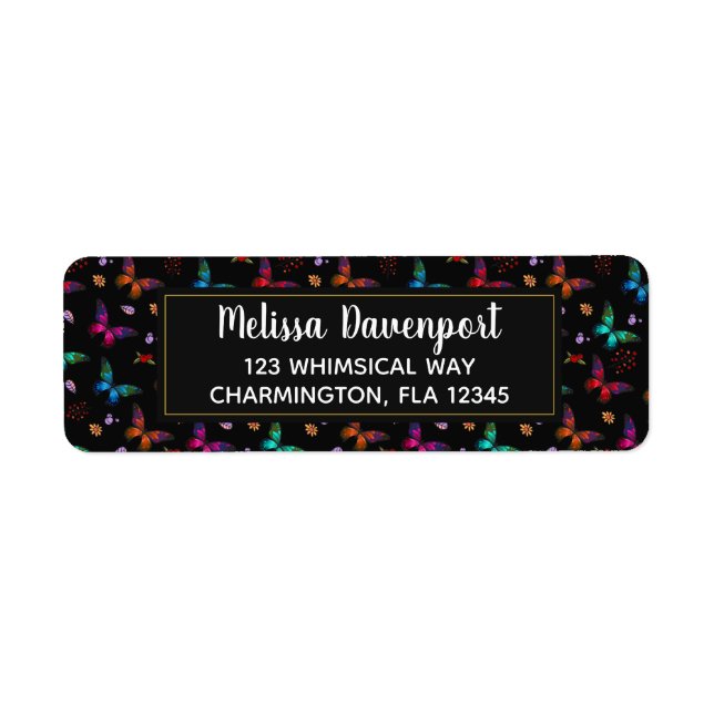 Elegant Colorful Butterflies Pattern on Black Label (Front)