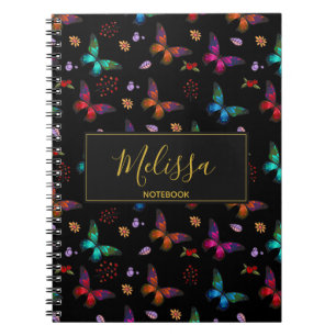 Elegant Colorful Butterflies Pattern on Black Notebook