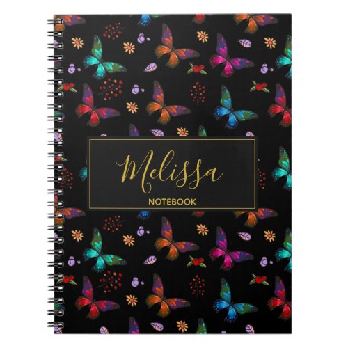 Elegant Colorful Butterflies Pattern on Black Notebook