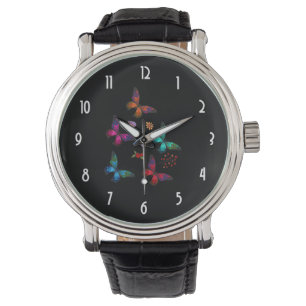 Elegant Colorful Butterflies Pattern on Black Watch