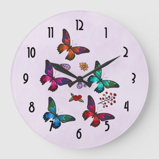 Elegant Colorful Butterflies Pattern on Pink Large Clock (Front)