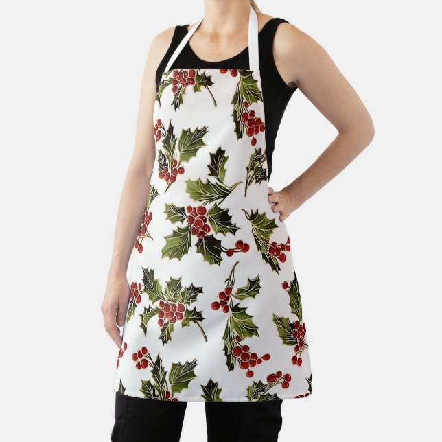 Elegant Colorful Cheery Christmas Holly Apron (Insitu)