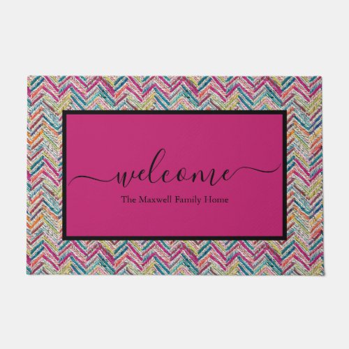 Elegant colorful chevron script name doormat