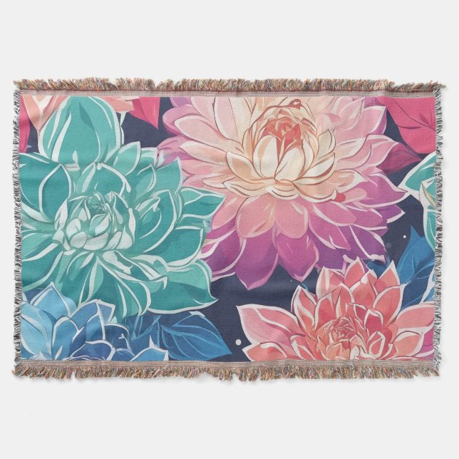 Elegant Colorful Dahlia Flowers on Dark Background Throw Blanket (Front)