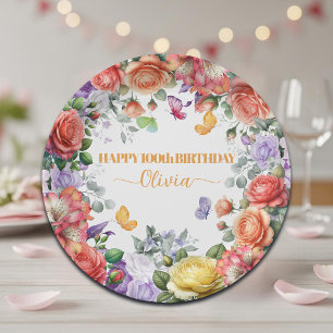 Elegant Colorful Floral 100th Birthday Party Paper Plates