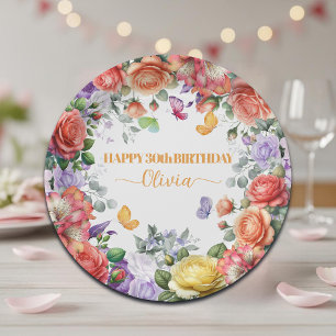Elegant Colorful Floral 30th Birthday Party Paper Plates