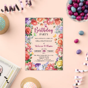 Elegant Colorful Floral 65th Birthday Party Acrylic Invitations