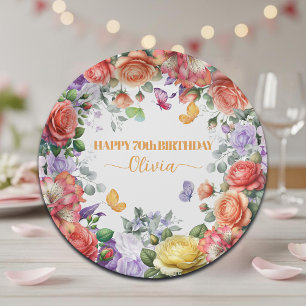 Elegant Colorful Floral 70th Birthday Party Paper Plates