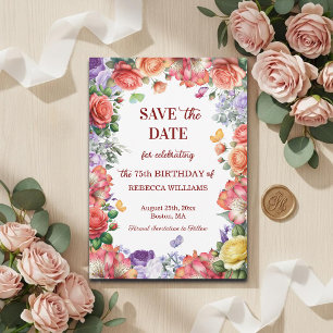 Elegant Colorful Floral 75th Birthday Party Save The Date