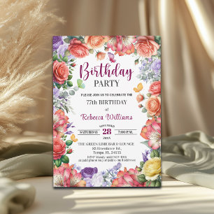 Elegant Colorful Floral 77th Birthday Party Invitation