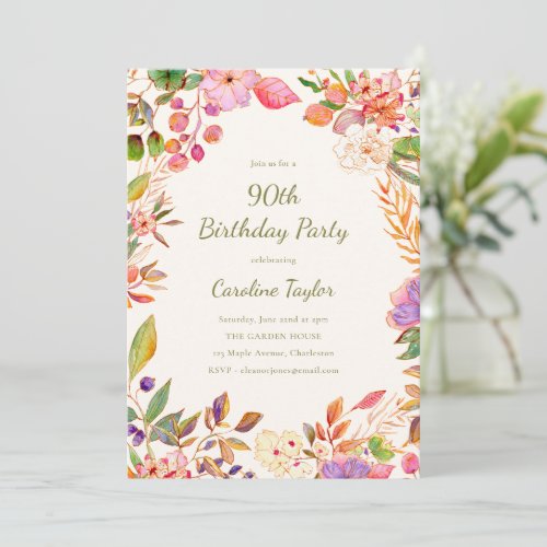 Elegant Colorful Floral 90th Birthday Garden Party Invitation