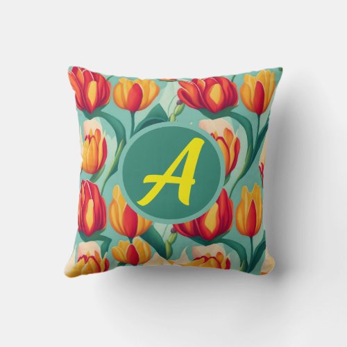 Elegant Colorful Floral Monogram Throw Pillow
