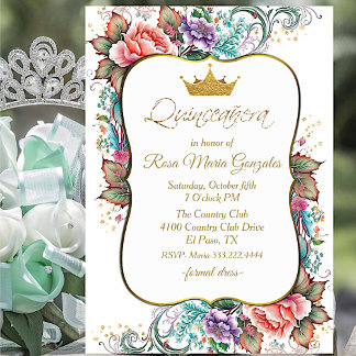 Elegant Colorful Floral Quinceañera Birthday Invitation