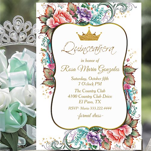 Elegant Colorful Floral Quinceaera Birthday Invitation