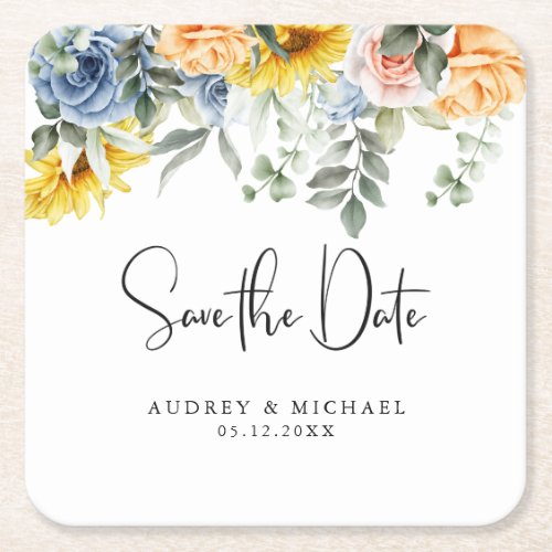 Elegant Colorful Floral Save the Date Wedding  Square Paper Coaster