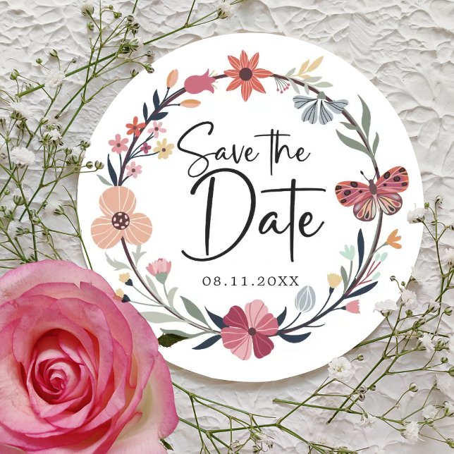 Elegant Colorful Floral Wreath Wedding  Classic Round Sticker (Creator Uploaded)