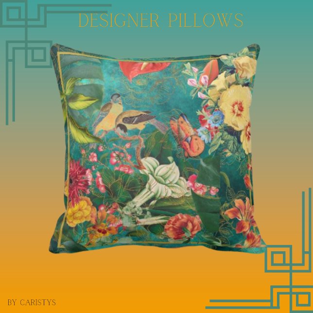Elegant Colorful Florals, Birds Throw Pillow (Creator Uploaded)