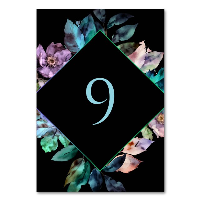 Elegant colorful florals black wedding  table number (Front)