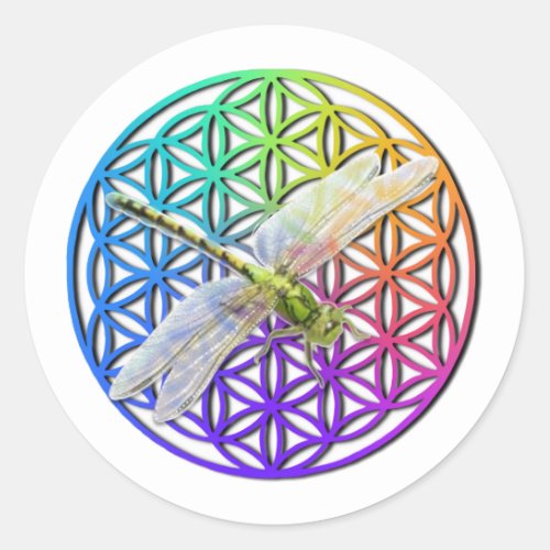 Elegant colorful flower of life dragonfly art classic round sticker