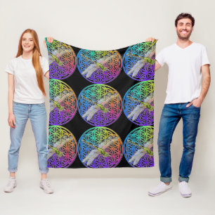 Elegant colorful flower of life dragonfly art fleece blanket
