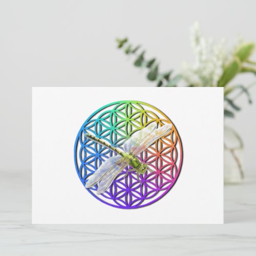 Elegant colorful flower of life dragonfly art invitation