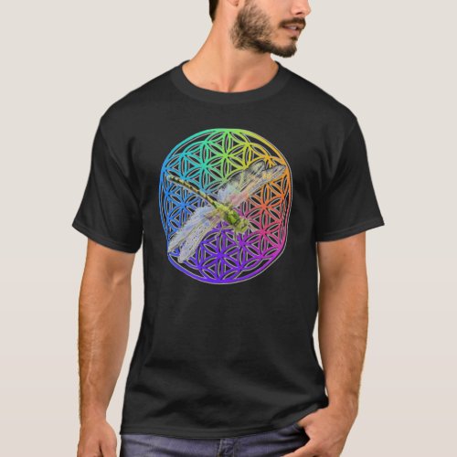 Elegant colorful flower of life dragonfly art T_Shirt