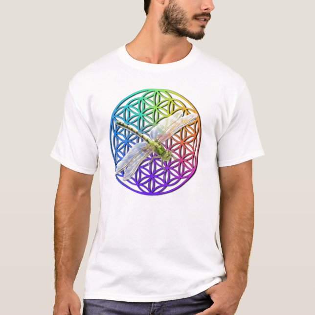 Elegant colorful flower of life dragonfly art T-Shirt (Front)